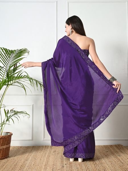 Violet Chic Party Wear A Modern Chinon Solid Saree with an Embroidered Lace Border Designer Sarees