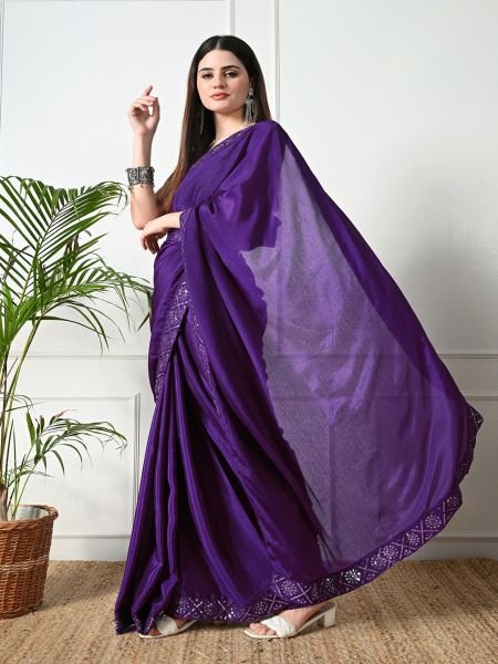 Violet Chic Party Wear A Modern Chinon Solid Saree with an Embroidered Lace Border Designer Sarees