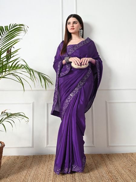 Violet Chic Party Wear A Modern Chinon Solid Saree with an Embroidered Lace Border Designer Sarees