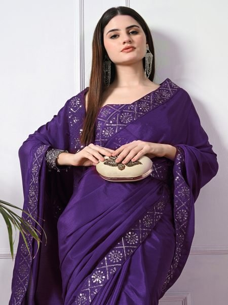 Violet Chic Party Wear A Modern Chinon Solid Saree with an Embroidered Lace Border Designer Sarees