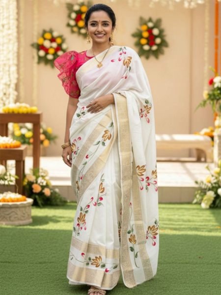 White Dola Silk Floral Hand Printed Saree with Golden Border Printed Sarees