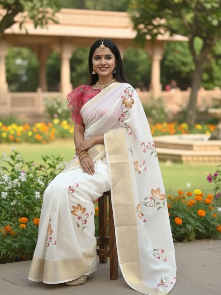White Dola Silk Floral Hand Printed Saree with Golden Border Printed Sarees