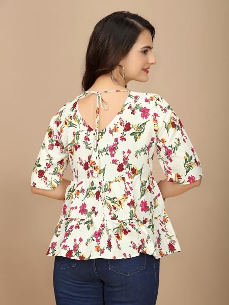 White Ethnic Print Peplum Crop Top with Boat Neck   Half Sleeves Tops & Tshirts