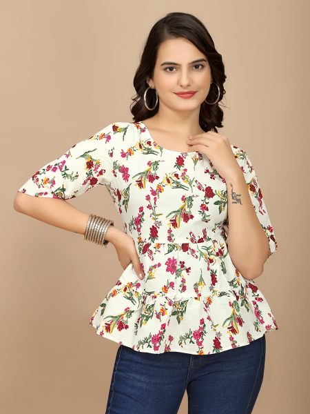 White Ethnic Print Peplum Crop Top with Boat Neck   Half Sleeves Tops & Tshirts