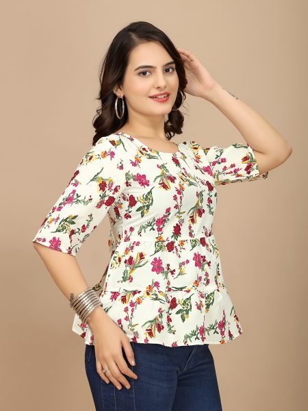 White Ethnic Print Peplum Crop Top with Boat Neck   Half Sleeves Tops & Tshirts