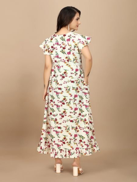 White Floral Elegance High Low Ruffle Hemline Crape Dress with Butterfly Sleeves Dresses