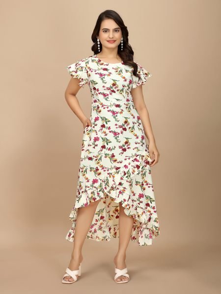 White Floral Elegance High Low Ruffle Hemline Crape Dress with Butterfly Sleeves Dresses