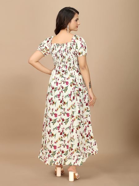 White Floral Elegance Puff Sleeve High Low Maxi Dress with Elastic Closure Dresses