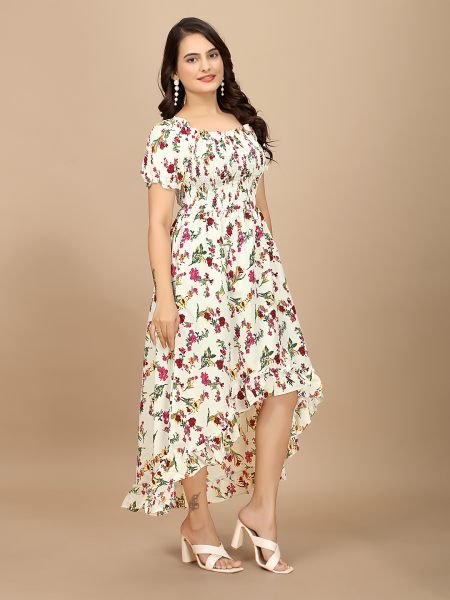 White Floral Elegance Puff Sleeve High Low Maxi Dress with Elastic Closure Dresses