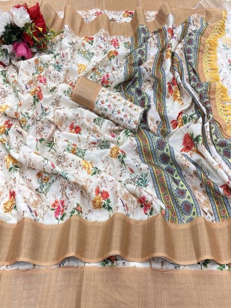 White Gold Cotton Silk Handloom Printed Saree with Tassel Border Pallu Sale