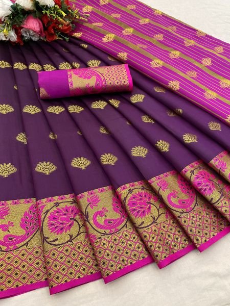 Wine Banarasi Cotton Silk Saree with Jacquard Zari Weaving Sale