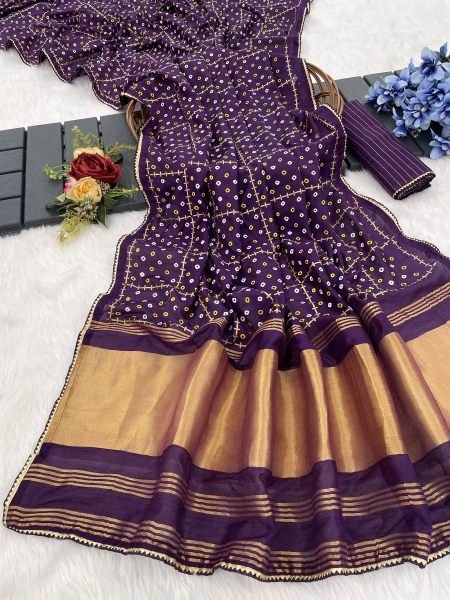 Cotton Silk Fabric  Printed Bandhani with Lagdi Patta Pallu Sale
