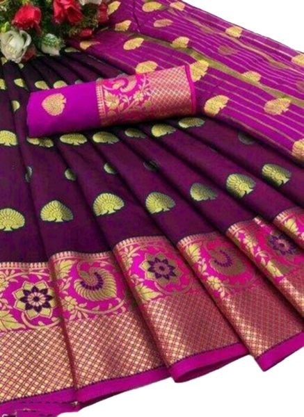 Wine Cotton Silk Banarasi Saree with Zari Woven Jacquard for Festive Wear Sale