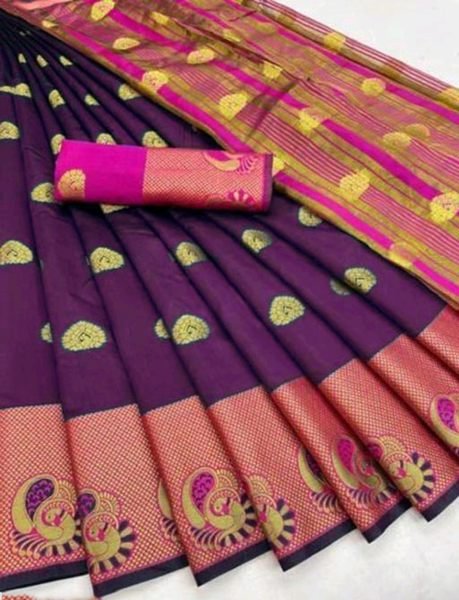 Wine Cotton Silk Jacquard Woven Banarasi Saree with Zari for Festive Occasions Sale