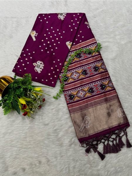 Wine Cotton Silk Saree with Traditional Patola Print and Tassel Border Pallu Sale
