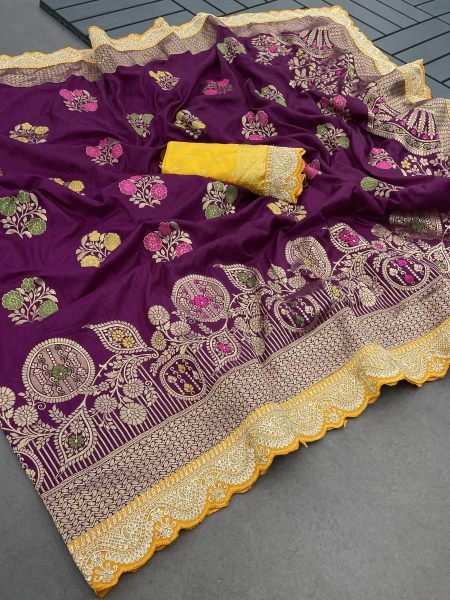 Wine Dola Silk Banarasi Saree with Jacquard Embroidery and Lace Border Sale