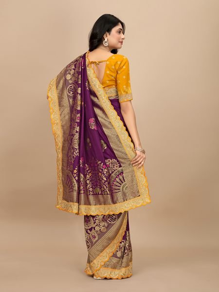 Wine Dola Silk Kanjivaram Saree with Jacquard Work and Embroidered Lace Border Kanjivaram Sarees