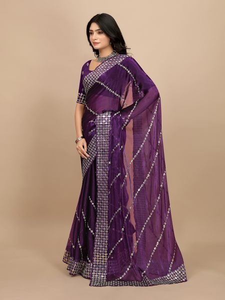 Wine Embroidered sequins Organza Fabric with Scalloped Lace Border Designer Sarees