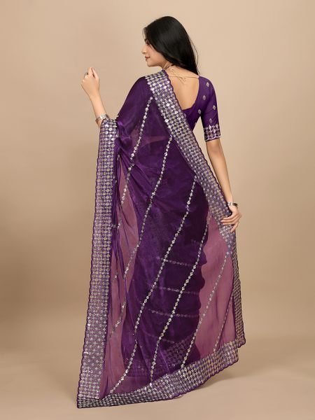 Wine Embroidered sequins Organza Fabric with Scalloped Lace Border Designer Sarees