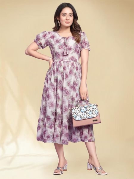 Wine Georgette Floral Print Maxi Dress with Puff Sleeves and Flared Jalar Design for Elegant Parties 