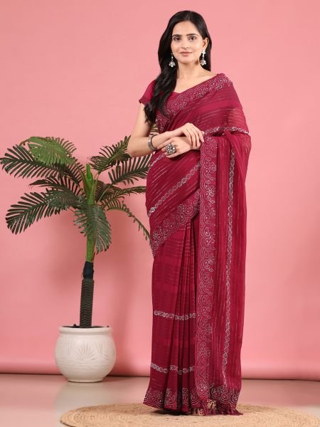 Wine Georgette Swarovski Diamond Work Saree Designer Sarees