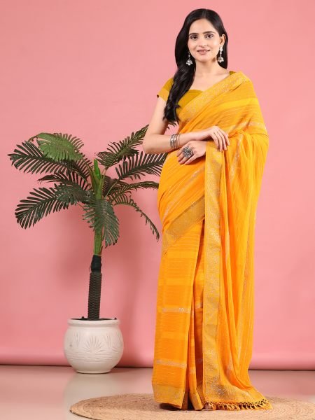 Gold Georgette Swarovski Diamond Work Saree Designer Sarees