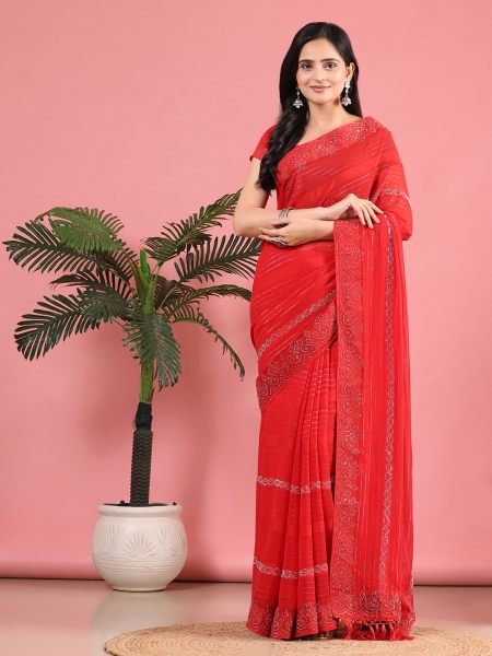 Red Georgette Swarovski Diamond Work Saree Designer Sarees