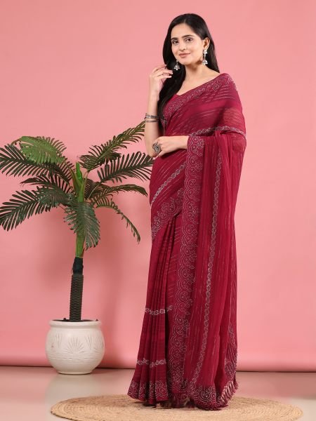 Wine Georgette Swarovski Diamond Work Saree Designer Sarees