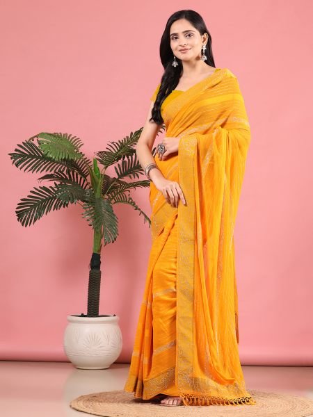 Gold Georgette Swarovski Diamond Work Saree Designer Sarees