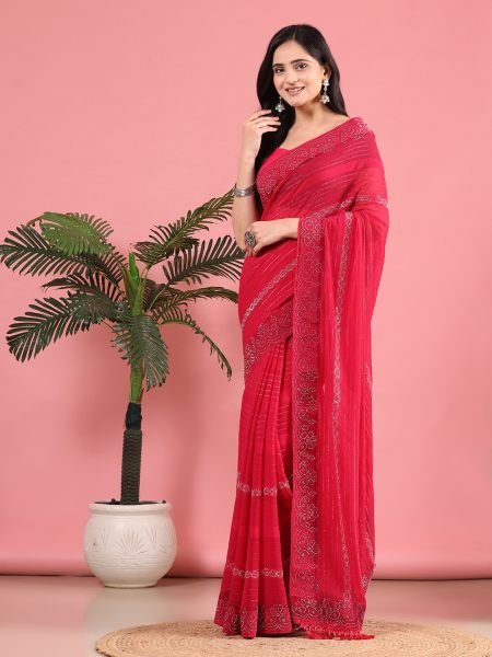 Rani Georgette Swarovski Diamond Work Saree Designer Sarees
