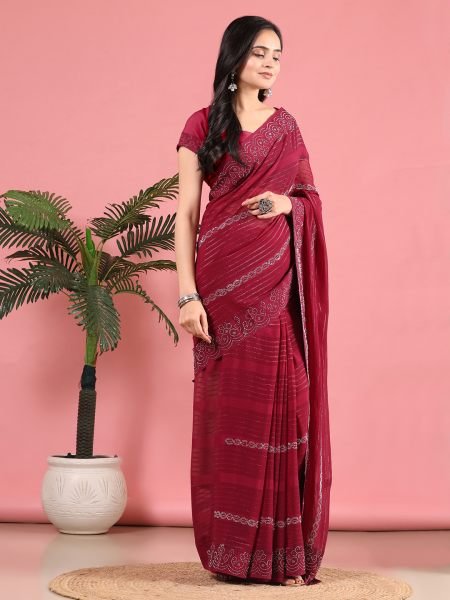 Wine Georgette Swarovski Diamond Work Saree Designer Sarees
