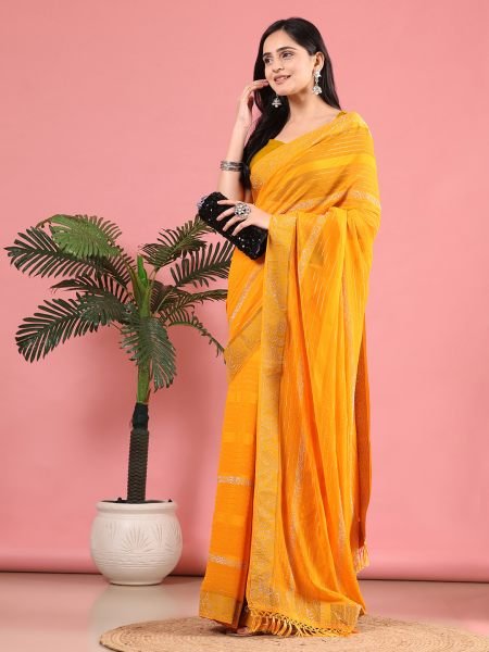 Gold Georgette Swarovski Diamond Work Saree Designer Sarees
