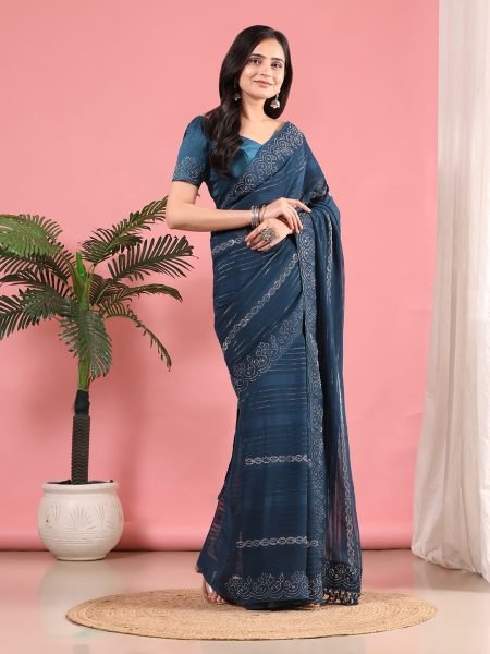 Rama Georgette Swarovski Diamond Work Saree Designer Sarees