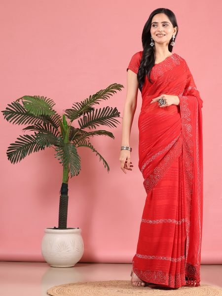 Red Georgette Swarovski Diamond Work Saree Designer Sarees