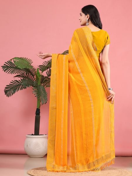 Gold Georgette Swarovski Diamond Work Saree Designer Sarees