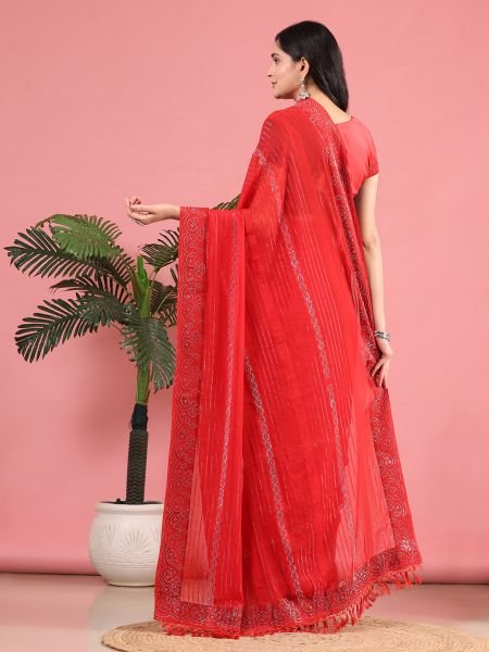 Red Georgette Swarovski Diamond Work Saree Designer Sarees
