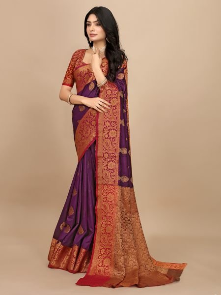 Wine Pure Silk Fabric Jacquard Copper Zari Authentic Kanjivaram Elegance Banarasi Sarees