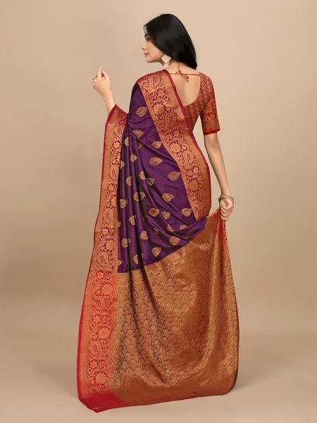 Wine Pure Silk Fabric Jacquard Copper Zari Authentic Kanjivaram Elegance Banarasi Sarees