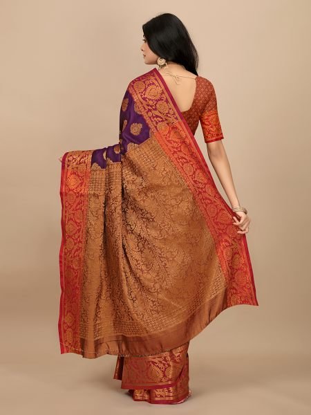 Wine Pure Silk Fabric Jacquard Copper Zari Authentic Kanjivaram Elegance Banarasi Sarees