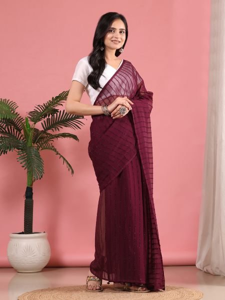 Wine Ready To Wear Chiffon Zari Linen Saree Ready To Wear Sarees