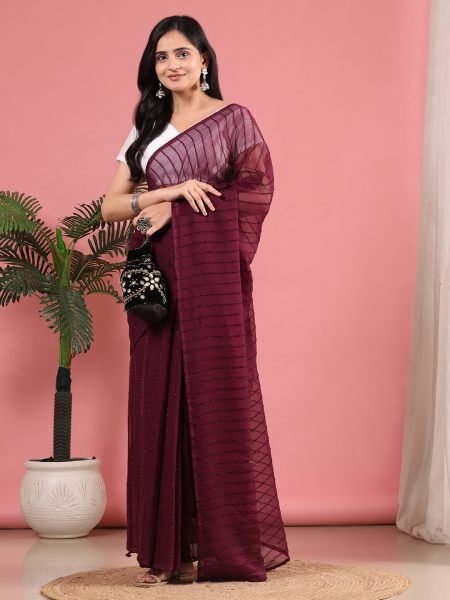 Wine Ready To Wear Chiffon Zari Linen Saree Ready To Wear Sarees