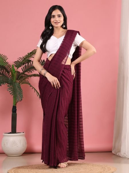 Wine Ready To Wear Chiffon Zari Linen Saree Ready To Wear Sarees