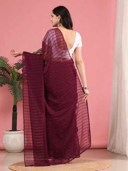 Wine Ready To Wear Chiffon Zari Linen Saree Ready To Wear Sarees
