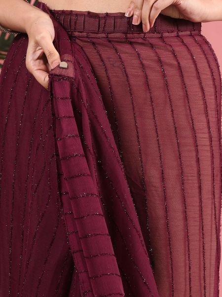 Wine Ready To Wear Chiffon Zari Linen Saree Ready To Wear Sarees