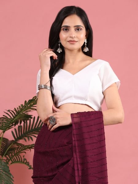 Wine Ready To Wear Chiffon Zari Linen Saree Ready To Wear Sarees