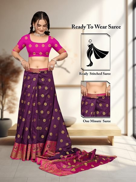 Wine Ready To Wear Cotton Silk Woven Zari Jacquard Banarasi Traditional Saree Sale