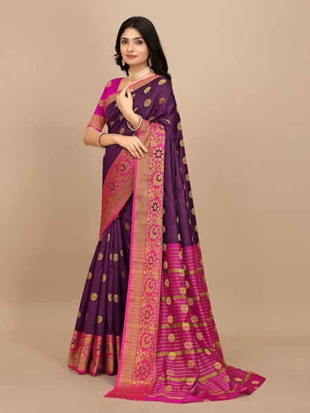 Wine Ready To Wear Cotton Silk Woven Zari Jacquard Banarasi Traditional Saree Banarasi Sarees