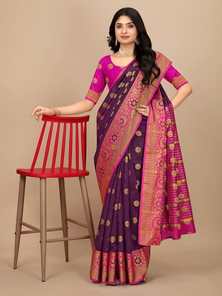 Wine Ready To Wear Cotton Silk Woven Zari Jacquard Banarasi Traditional Saree Banarasi Sarees