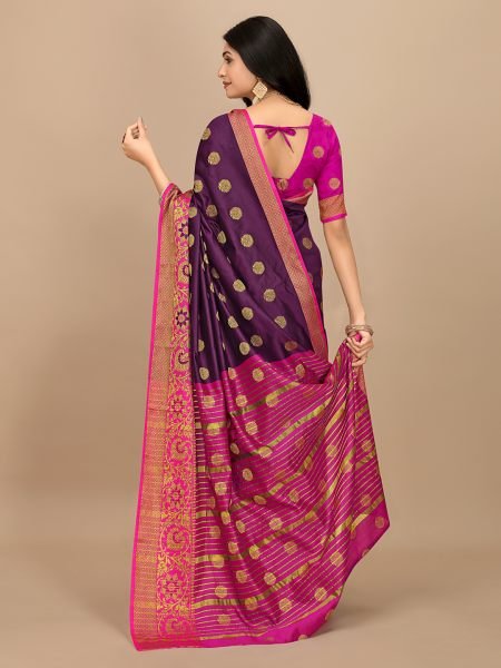 Wine Ready To Wear Cotton Silk Woven Zari Jacquard Banarasi Traditional Saree Banarasi Sarees