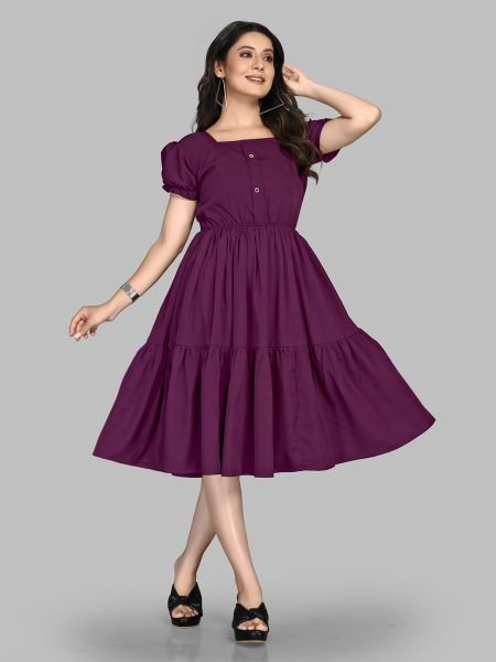 Wine Stylish Crape Solid Button Closure Layered Fit and Flare Dress with Puff Sleeves 